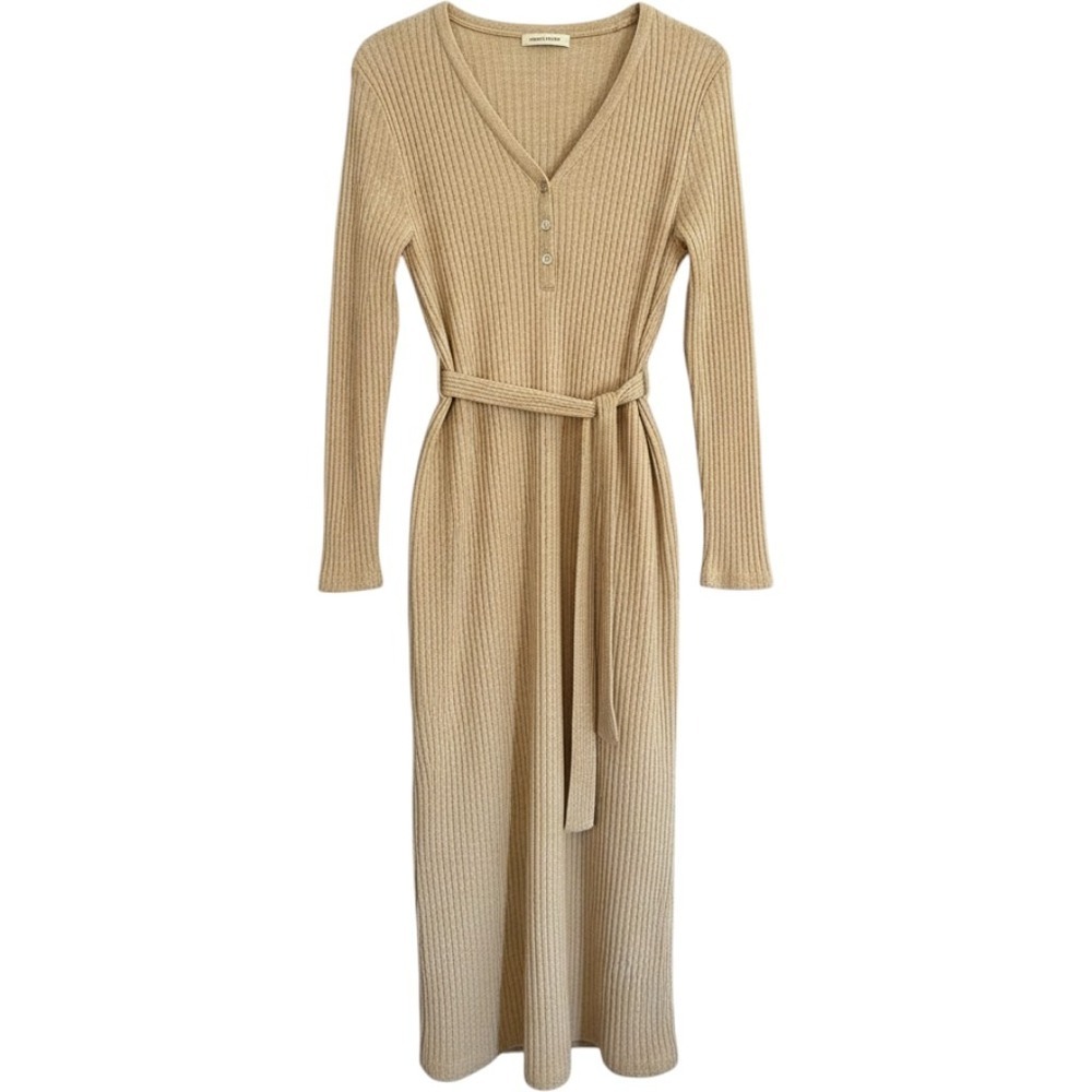 The Group Babaton Ribbed Knit Long Sleeve Button Front Midi Dress Beige Medium
